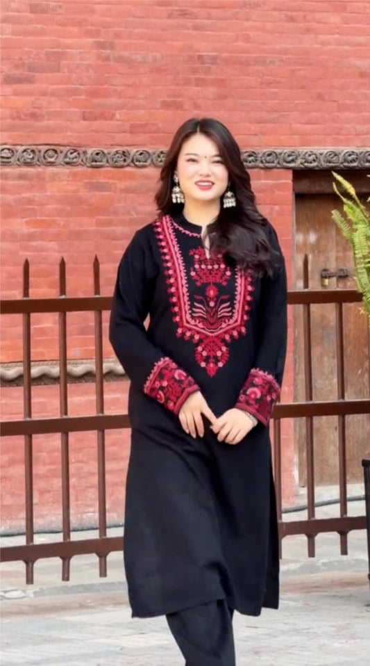 Black Kurta Set with Red Embroidered Yoke & Sleeves