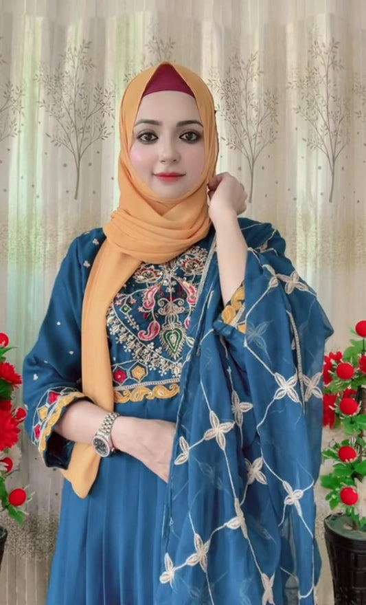 Elegant Deep Teal Blue Embroidered Anarkali Gown – 3 Piece Festive Collection