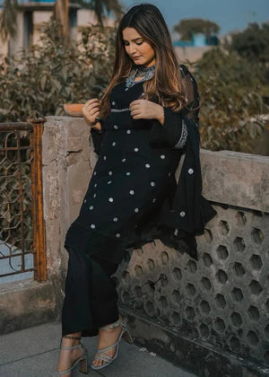 Black Pakistani Party Wear Suit - Silver Mirror Work & Embroidered Neckline